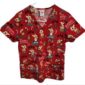 Rudolph The Red Nose Reindeer Scrub Top Women's Small